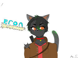  4:3 anthro black_nose collar domestic_cat ears_up eron felid feline felis femboy fur green_hair grey_body grey_fur grey_tail hair hi_res male male/male mammal orange_eyes shaded solo tail wasteland 