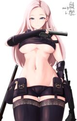  absurdres arm_across_chest assault_rifle bag black_gloves black_shorts black_thighhighs blue_eyes breasts closed_mouth commission crop_top cropped_shirt elbow_gloves english_commentary female fingerless_gloves forehead garter_straps gloves gun gunslinger_(lost_ark) hand_on_own_hip handgun highres holding holding_gun holding_weapon large_breasts light_blush linea_alba long_hair looking_at_viewer lost_ark m16 m16a4 navel nervous parted_bangs pink_hair poolpool rifle satchel short_shorts shorts signature simple_background solo thigh_gap thighhighs trigger_discipline underboob wavy_mouth weapon white_background 