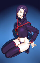  bell black_sailor_collar black_shirt black_thighhighs blue_background braid chikujouin_magane earrings female gradient_background grin hair_bell hair_ornament hair_over_one_eye half-pencil highres jewelry jingle_bell long_hair purple_hair re:creators sailor_collar sharp_teeth shirt single_braid smile solo squatting teeth thighhighs thong torii_earrings very_long_hair yellow_eyes 