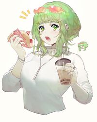  absurdres blue_nails bracelet breast_press breasts bubble_tea chibi chibi_inset commentary crepe cropped_torso cup disposable_cup drink drinking_straw earclip eating eyewear_on_head female food food_wrapper green_eyes green_hair green_nails gumi haiyahaiyohai hands_up highres holding holding_cup holding_drink holding_food jewelry large_breasts long_sleeves looking_at_viewer making-of_available multicolored_nails necklace open_mouth pendant red-tinted_eyewear ring shirt short_hair short_hair_with_long_locks sidelocks simple_background solo tinted_eyewear tongue upper_body vocaloid white_background white_shirt 