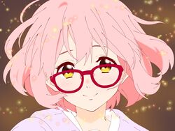  blush bob_cut brown_background closed_mouth commentary_request female glasses highres kuriyama_mirai kyoukai_no_kanata light_particles looking_at_viewer maou_(ajtdmw369) partial_commentary pink_hair portrait red-framed_eyewear shirt short_hair smile solo white_shirt yellow_eyes 