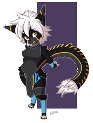  4_toes android anthro black_body clothed clothing dipstick_tail feet felid feline female fur fur_markings hair hi_res machine mammal markings robot short_stack signature solo tail tail_markings toes vinael warning_(fluff-kevlar) white_hair 