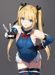  1girls alternate_costume archway_of_venus armpits bangs bare_shoulders black_ribbon blonde_hair blue_eyes blue_legwear blue_leotard bowtie breasts cute dead_or_alive dead_or_alive_5 detached_sleeves elbow_gloves european eyebrows_visible_through_hair eyeshadow female female_only frilled_legwear frilled_leotard frills fringe fully_clothed garter gloves gothic_lolita grey_background hair_ornament hair_ribbon halterneck hand_on_hip latex_gloves latex_legwear latex_thighhighs leaning_forward legs legwear leotard light-skinned_female light_skin lolita_fashion long_hair looking_at_viewer maid_uniform marie_rose marie_rose_(devilish_servant_against_the_splashing_waves) parted_lips petite pose revealing_clothes ribbon semi-realism shiny shiny_clothes sideboob simple_background skinny sleeveless slim small_breasts smile solo swedish teenage_girl teenager thigh_gap thighhighs thighs tied_hair tight_clothing turtleneck twintails v victory_pose x_hair_ornament yang-do younger_female zettai_ryouiki 