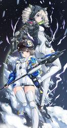  2girls :o absurdres black_jacket blue_eyes blue_hair blue_jacket bodysuit brown_hair chinese_commentary cocoritter_(tower_of_fantasy) commentary_request cropped_jacket drill_hair fingerless_gloves fish.boy gloves hair_ornament hairclip hat heterochromia highres holding holding_weapon hood hood_up id_card jacket looking_at_viewer medium_hair multicolored_hair multiple_girls platinum_blonde_hair polearm red_eyes shiro_(tower_of_fantasy) shoes short_hair skin_tight sneakers spear streaked_hair thighhighs tower_of_fantasy twintails two-tone_hair weapon white_bodysuit 