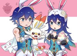  1boy ameno_(a_meno0) animal_ears animal_hood arm_tattoo bad_id bad_twitter_id blue_hair brand_of_the_exalt buck_teeth cape chrom_(fire_emblem) chrom_(spring)_(fire_emblem) company_connection crossover father_and_daughter female fire_emblem fire_emblem_awakening fire_emblem_heroes frilled_leotard frills gloves holding hood leotard long_hair lucina_(fire_emblem) lucina_(spring)_(fire_emblem) nintendo official_alternate_costume pantyhose playboy_bunny pokemon pokemon_(creature) pokemon_swsh rabbit_ears rabbit_hood round_teeth scorbunny short_hair sweatdrop tattoo teeth white_gloves white_legwear 