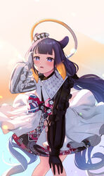  absurdres animal_ears asymmetrical_gloves asymmetrical_sleeves black_bow black_gloves black_hair blonde_hair blue_eyes blunt_bangs bow commentary dress female floral_print gloves gradient_background gradient_hair hairbow halo hand_in_own_hair hand_on_own_knee hat highres hololive hololive_english knees_together_feet_apart leaning_forward long_hair long_sleeves looking_at_viewer low_twintails mini_hat mismatched_gloves mismatched_sleeves mole mole_under_eye multicolored_background multicolored_hair ninomae_ina&#039;nis ninomae_ina&#039;nis_(party_dress) oerba_yun_fang official_alternate_costume official_alternate_hairstyle open_mouth pointy_ears print_bow puffy_long_sleeves puffy_sleeves sa_(sam-ya) sidelocks smile solo standing tentacle_hair twintails very_long_hair virtual_youtuber white_bow white_dress white_gloves 