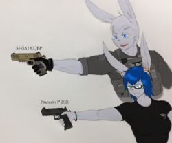  anthro clothed clothing daughter_(lore) duo father_(lore) father_and_child_(lore) father_and_daughter_(lore) female gun hair handgun hi_res lagomorph leporid male mammal parent_(lore) parent_and_child_(lore) parent_and_daughter_(lore) perkins_jonathan_lotty rabbit ranged_weapon raura_lotty weapon zhs zzinhimsum 