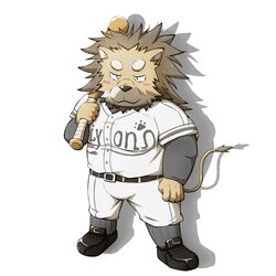  1:1 2013 anthro baseball_(sport) baseball_bat baseball_uniform bat_(object) blush bottomwear brown_body brown_fur chibi clothing emufu felid fur humanoid_hands kemono lagoon_lounge lion male mammal overweight overweight_anthro overweight_male pantherine pants rai_banjou simple_background solo sport sportswear uniform white_background 