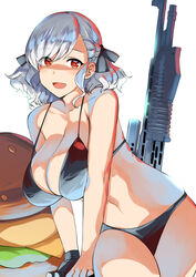  asymmetrical_bangs bangs banned_artist bikini black_bikini blush breasts cleavage collarbone female girls_frontline highres large_breasts lolicept looking_at_viewer navel open_mouth short_hair silver_hair simple_background smile solo spas-12_(girls_frontline) swimsuit thighs 