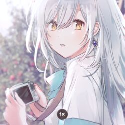  blue_bow blurry blurry_background bow bowtie brown_eyes camera day earrings female irozuku_sekai_no_ashita_kara jewelry long_hair looking_at_viewer mememe_(xx3mememe) short_sleeves single_earring solo tsukishiro_hitomi upper_body white_hair 