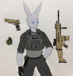  absurd_res anthro blue_eyes clothed clothing explosives fur grenade gun handgun hi_res lagomorph leporid male mammal mercenary military perkins_jonathan_lotty rabbit ranged_weapon soldier solo warrior weapon white_body white_fur zhs zzinhimsum 