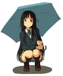  akiyama_mio black_eyes black_hair black_socks blazer blue_jacket blue_ribbon blunt_bangs brown_footwear collared_shirt female full_body grey_skirt highres holding holding_umbrella jacket k-on! kneehighs loafers long_hair long_sleeves neck_ribbon panties pantyshot pleated_skirt ribbon sakuragaoka_high_school_uniform school_uniform shadow shirt shoes skirt socks solo squatting striped_clothes striped_panties tennosuke_(tejons) umbrella underwear white_shirt winter_uniform 