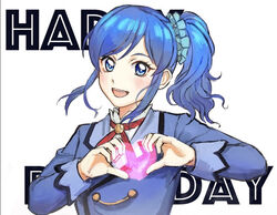  :d aikatsu! aikatsu!_(series) birthday blue_eyes blue_hair english_text female happy_birthday heart heart_hands kiriya_aoi looking_at_viewer nekkikamille open_mouth school_uniform scrunchie side_ponytail simple_background smile solo starlight_academy_school_uniform upper_body white_background 