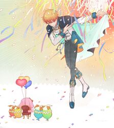  1boy balloon black_pants bowing cape confetti highres idol idol_clothes long_sleeves male_focus oitanari orange_hair pants phenny_(project_sekai) project_sekai short_hair solo stuffed_animal stuffed_bunny_(project_sekai) stuffed_rabbit stuffed_toy tenma_tsukasa 