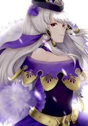  aplche bare_shoulders black_hat closed_mouth commentary dress female fire_emblem fire_emblem:_three_houses fire_emblem_heroes fur_trim hair_ornament hat highres long_hair looking_at_viewer lysithea_von_ordelia lysithea_von_ordelia_(a_new_future) official_alternate_costume pink_eyes purple_dress simple_background smile solo upper_body white_background white_hair 