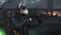  ak-47 ak_platform anthro armor assault_rifle black_body black_fur black_nose blue_clothing blue_eyes blue_jacket blue_topwear body_armor canid canine canis clothing detailed_background electricity emblem fur gloves gun handwear hood jacket khatmedic lightning male mammal mercenary post-apocalyptic raining ranged_weapon rifle s.t.a.l.k.e.r. solo topwear weapon white_body white_ears white_fur wolf 