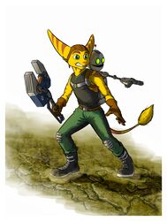  absurd_res anthro boots clank_(ratchet_and_clank) clothing footwear gloves handwear hi_res lombax machine male mammal omniwrench ratchet_(ratchet_and_clank) ratchet_and_clank robot solo sony_corporation sony_interactive_entertainment stripes sygnatus 