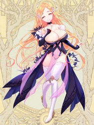  blonde_hair boots breasts cleavage closed_eyes covered_navel dairoku_ryouhei dress facing_viewer female full_body hair_ornament hand_up knee_boots large_breasts long_hair mi3m navel simple_background smile solo standing standing_on_one_leg thighhighs thighs white_thighhighs yellow_background 