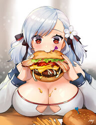  absurdres bacon bare_shoulders beef bikini black_ribbon blush breast_rest breasts breasts_on_table burger cheese cleavage commentary eating female flower food food_on_body food_on_breasts french_fries girls&#039;_frontline hair_flower hair_ornament hair_ribbon heart highres holding holding_food large_breasts lettuce long_sleeves noixen off_shoulder official_alternate_costume photoshop_(medium) red_eyes ribbon short_hair sign solo spas-12_(girls&#039;_frontline) spas-12_(midsummer_fruit)_(girls&#039;_frontline) strapless strapless_bikini swept_bangs swimsuit table tomato upper_body white_bikini white_flower white_hair 