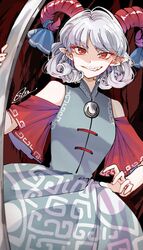  bad_id bad_twitter_id blue_dress commentary curled_horns curly_hair dress eye_print female grin highres holding horn_ornament horn_ribbon horns looking_at_viewer meandros oversized_object red_eyes red_horns red_sleeves ribbon sharp_teeth sheep_horns short_hair smile solo souta_(karasu_no_ouchi) standing teeth touhou toutetsu_yuuma utensil white_hair 