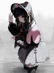  absurdres bad_id bad_pixiv_id black_dress black_hair black_pantyhose blunt_bangs dress egk513 female frilled_dress frills genshin_impact gothic_lolita hair_ornament half-closed_eyes hand_up hat highres hime_cut lolita_fashion long_hair long_sleeves looking_at_viewer pantyhose red_eyes smile solo wading yun_jin_(genshin_impact) 