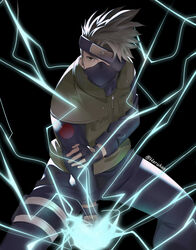  1boy artist_name black_background black_gloves black_mask chidori_(naruto) commentary_request commission electricity electrokinesis fingerless_gloves forehead_protector gloves grey_hair harukagi hatake_kakashi konohagakure_symbol long_hair long_sleeves looking_at_viewer magic male_focus mask mouth_mask naruto_(series) ninja ninjutsu simple_background solo spiked_hair uzumaki_symbol white_hair 