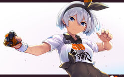  bea_(pokemon) black_bodysuit black_hairband blue_eyes bodysuit bodysuit_under_clothes bow_hairband breasts closed_mouth collared_shirt commentary_request covered_navel dark-skinned_female dark_skin dynamax_band female fingernails gloves grey_hair hair_between_eyes hairband highres hinasaki_you looking_at_viewer partially_fingerless_gloves pokemon pokemon_swsh print_shirt shirt short_hair short_sleeves single_glove solo tied_shirt wet 