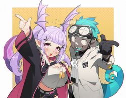  1boy :d :o aqua_hair arknights arm_up bandaid bandaid_on_face bandaid_on_nose black_gloves blush breasts chameleon_tail colored_skin dog_tags ethan_(arknights) female frischenq gloves goggles goggles_on_head grey_skin head_wings index_finger_raised large_breasts long_hair looking_at_viewer manticore_(arknights) midriff open_mouth orange_background pointy_ears polka_dot polka_dot_background purple_eyes purple_hair scorpion_tail sharp_teeth smile tail teeth twintails two-tone_background upper_body white_background white_eyes wings 