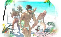  4boys ass bald beach beard brown_hair dante_(granblue_fantasy) facial_hair feline fundoshi gran_(granblue_fantasy) granblue_fantasy japanese_clothes lens_flare lobelia_(granblue_fantasy) luchador luchador_(granblue_fantasy) luchador_mask multiple_boys muscular nodo_goshisawayaka post_guild_war_celebration short_hair soriz sweat thumbs_up topless_male volleyball_net white_hair 