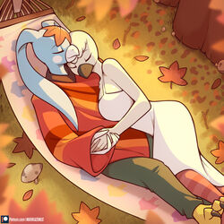  1:1 2022 3_toes 5_fingers absurd_res altaria animal_crossing anthro autumn avian barefoot beak big_breasts bird black_beak black_claws blanche_(animal_crossing) blue_body blue_feathers bottomwear breasts claws cleavage closed_eyes closed_smile clothed clothing cuddling detailed_background digital_media_(artwork) dress duo english_text eyebrows eyelashes feathers feet female fingers fungus generation_3_pokemon grass green_bottomwear green_clothing green_pants hair hammock hand_holding hi_res leaf leaf_on_head logo long_ears lying lying_on_another male male/female marik_azemus34 mouth_closed multicolored_body multicolored_feathers mushroom nature nintendo object_on_face on_back on_side orange_clothing ostrich outside pants patreon plant pokemon pokemon_(species) poncho ratite red_body red_clothing romantic romantic_couple short_hair sleeping smile striped_body stripes talons text toes tree twig url watermark white_beak white_body white_clothing white_dress white_feathers 