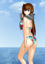  absurdres aozaki_aoko arm_at_side ass bikini blue_eyes blue_sky breasts brown_hair cloud commentary_request cqqz0707 day female floral_print from_side hair_between_eyes halterneck highres long_hair looking_at_viewer mahou_tsukai_no_yoru medium_breasts photoshop_(medium) side-tie_bikini_bottom sky smile solo string_bikini swimsuit water 