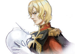  1boy blonde_hair char_aznable from_side gundam helmet holding holding_helmet looking_at_viewer looking_to_the_side male_focus mobile_suit_gundam nekkikamille realistic simple_background solo uniform upper_body white_background zeon 