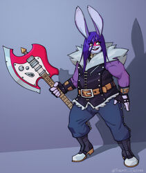  2022 anthro arthur_(lapinbeau) axe axe_guitar battle_axe belt belt_buckle boots bottomwear buckle clothing denim denim_bottomwear denim_clothing domestic_rabbit eyebrow_through_hair eyebrows fingerless_gloves flemish_giant footwear gloves guitar hair handwear hi_res jacket jeans lagomorph lapinbeau leather leather_clothing leather_jacket leather_topwear leporid long_hair male mammal musical_instrument oryctolagus pants plucked_string_instrument purple_body purple_hair purple_skin rabbit shadow signature simple_background smile solo string_instrument topwear translucent translucent_hair yellow_eyes 