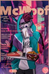  2022 angiewolf anthro beverage canid canine chicken_meat clothed clothing cover english_text eyewear food food_tray glasses holding_beverage holding_object hood_up hoodie magazine_cover male mammal mcdonald&#039;s meat rectangular_glasses solo standing text topwear track_pants 