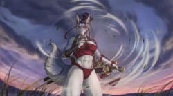  2022 abs anthro breasts canid canine canis clothed clothing day detailed_background digital_media_(artwork) female fur hair hi_res holding_melee_weapon holding_object holding_sword holding_weapon mammal melee_weapon moon-s outside sky solo sword weapon wolf 