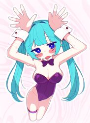  alternate_costume aqua_hair arms_up banananosongen blue_eyes blunt_bangs blush_stickers bow bowtie breasts cleavage commentary cropped_legs detached_collar embarrassed female foreshortening grey_pupils hands_up hatsune_miku highleg highleg_leotard highres jitome large_breasts leotard long_hair looking_at_viewer open_mouth outline pink_background playboy_bunny purple_bow purple_bowtie purple_leotard rabbit_pose raised_eyebrows solo sweat thigh_strap vocaloid white_outline wrist_cuffs 