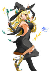  absurdres alternate_costume aotsuba artist_name bare_back bare_shoulders black_dress black_hat black_thighhighs blonde_hair blush choker detached_sleeves dress earrings female gem hand_on_headwear hat high_heels highres holding jewelry mythra_(xenoblade) open_mouth pointy_footwear shoes smile solo sparkle swept_bangs thighhighs wand witch witch_hat xenoblade_chronicles_(series) xenoblade_chronicles_2 yellow_eyes zettai_ryouiki 