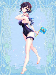  barefoot black_hair blue_background bracelet breasts brown_hair cleavage covered_navel dairoku_ryouhei female flag full_body hair_ornament holding holding_flag holding_shoes jewelry looking_at_viewer mi3m no_pupils one-piece_swimsuit purple_eyes shoes short_hair simple_background solo standing swimsuit thigh_strap twisted_torso unworn_shoes 