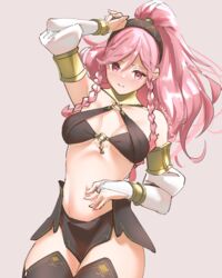  bare_shoulders black_hairband braid breasts closed_mouth female fire_emblem fire_emblem_awakening fire_emblem_heroes hairband long_hair navel o-ring olivia_(fire_emblem) olivia_(performing_arts)_(fire_emblem) pink_eyes pink_hair ponytail simple_background skeptycally solo twin_braids twitter_username 