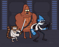  2011 5:4 adobe_illustrator_(artwork) avian beak belt bird blaster blue_jay blue_lightsaber brown_belt cartoon_network chewbacca corvid cosplay digital_media_(artwork) fangs group han_solo jay_(bird) lightsaber luke_skywalker male mammal melee_weapon mordecai_(regular_show) new_world_jay oscine passerine procyonid raccoon regular_show rigby_(regular_show) science_fiction skips_(regular_show) star_wars teeth trio unknown_artist weapon wookiee yeti 