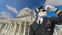  16:9 2022 absurd_res american_flag anthro archermagnum blue_eyes blue_hair canid canine canis capitol capitol_hill clothing discordnight_(artist) gloves hair handwear hi_res male mammal necktie police police_officer solo thunderrangers uniform united_states_of_america washington_dc widescreen wolf yellow_eyes 