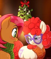  2017 babs_seed_(mlp) bedroom_eyes blush brown_body cutie_mark digital_drawing_(artwork) digital_media_(artwork) duo equid equine eyelashes female female/female feral freckles friendship_is_magic green_eyes hair hasbro kissing_bough mammal mistletoe my_little_pony narrowed_eyes orange_scarf plant purple_eyes red_hair scarf seductive smile sorc twist_(mlp) white_body 