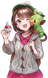  ;d absurdres bad_id bad_pixiv_id bag brown_eyes brown_hair cardigan catumi_(ta938_ka23) commentary_request dress female gloria_(pokemon) green_headwear grey_cardigan grookey hat highres holding holding_poke_ball looking_at_viewer on_shoulder one_eye_closed open_mouth pink_dress poke_ball poke_ball_(basic) pokemon pokemon_(creature) pokemon_on_shoulder pokemon_swsh short_hair smile tam_o&#039;_shanter 