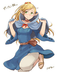  blonde_hair blue_dress breasts choker cloak closed_mouth commentary commentary_request dress dungeon_meshi elf fanny_pack female green_eyes hair_ribbon highres holding hood hood_down hooded_cloak leg_up long_hair long_sleeves looking_away marcille_donato meganei pants pants_under_dress pointy_ears ponytail red_ribbon ribbon sandals sideways_glance simple_background smile solo standing standing_on_one_leg very_long_hair w_arms white_background white_pants 