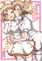  2girls blonde_hair blush breasts closed_eyes closed_mouth commentary_request dual_persona garter_straps hair_ornament hat highres holding_hands imminent_kiss large_breasts multiple_girls nurse nurse_cap one_eye_closed open_mouth selfcest senki_zesshou_symphogear senki_zesshou_symphogear_xd_unlimited short_hair smile sweat tachibana_hibiki_(symphogear) tachibana_hibiki_(symphogear)_(another) thighhighs white_legwear yukitsuba_hina yuri 