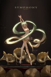  absurdres ahoge armpits arms_up asymmetrical_legwear ballerina bare_shoulders black_background blonde_hair bracelet breasts character_name choker collarbone dancing dress elbow_gloves english_commentary facing_viewer female floating_hair full_body gloves gramophone_miku green_hair hair_ornament hatsune_miku highres jewelry ku-ini layered_dress light_particles long_hair miku_symphony_(vocaloid) own_hands_together phonograph plantar_flexion ribbon see-through single_sock single_thighhigh small_breasts smile socks solo sparkle standing strapless strapless_dress thighhighs thighlet twintails uneven_legwear very_long_hair vocaloid white_dress white_footwear white_gloves white_thighhighs yellow_ribbon 