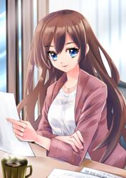  blue_eyes brown_hair chair coffee_mug cup elbows_on_table female hand_on_own_arm highres indoors jewelry long_hair looking_at_viewer mug necklace original paper sitting solo su_(pixiv44447) window 