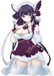  :3 absurdres azur_lane breasts cheshire_(azur_lane) cleavage closed_mouth contrapposto cowboy_shot detached_sleeves fagun233 fang_out female garter_straps hand_on_own_chest highres large_breasts maid_headdress oerba_yun_fang photoshop_(medium) purple_eyes purple_hair short_hair simple_background skin_fang skindentation solo thighhighs white_background white_thighhighs wrist_cuffs 