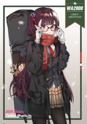  absurdres bag black_coat black_pantyhose blazer blush brown_skirt closed_mouth coat commentary_request female girls&#039;_frontline glasses gloves hair_ornament hair_ribbon highres jacket long_hair necktie official_alternate_costume one_side_up open_clothes open_coat pantyhose plaid plaid_skirt pleated_skirt print_scarf purple_hair red_eyes red_necktie red_ribbon red_scarf ribbon roti scarf skirt snowflake_print wa2000_(date_in_the_snow)_(girls&#039;_frontline) wa2000_(girls&#039;_frontline) white_gloves 