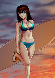  absurdres aozaki_aoko bad_id bad_pixiv_id bikini blue_bikini blue_eyes breasts brown_hair cleavage cloud commentary_request cqqz0707 female highres large_breasts long_hair looking_at_viewer mahou_tsukai_no_yoru navel open_mouth sandals solo standing standing_on_one_leg sunset surfboard swimsuit thigh_gap thighs 